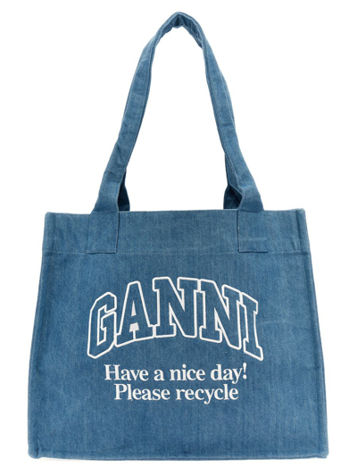 Ganni Logo Embroidery Denim Shopping Bag In Blue