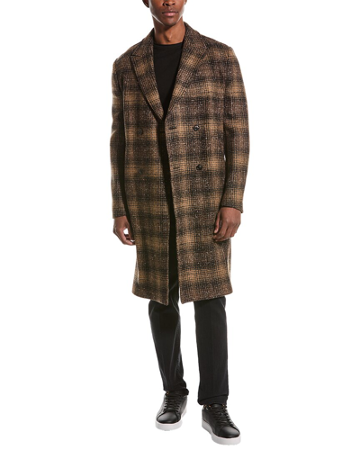 Billy Reid Plaid Leather-trim Wool-blend Officer's Coat In Brown