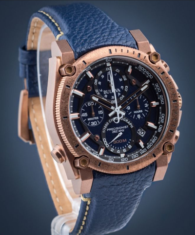 Pre-owned Bulova Precisionist Men's Chronograph Watch Blue Dial Leather Band 97b186