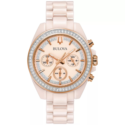 Pre-owned Bulova 98l282 Crystal Accented Chronograph Pink Ceramic Women's Watch $595