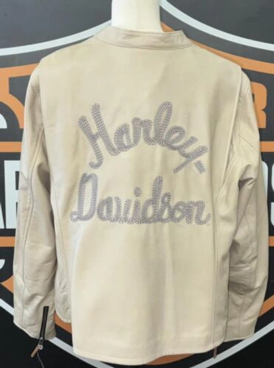 Pre-owned Harley-davidson Harley Davidson Womens Embroidered Chain Stitch Leather Jacket 2 Xl In Beige