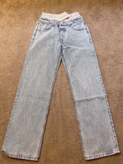 Pre-owned Alexander Wang Womens Low Rise Straight Leg Jeans With Logo Elasic Underwear 26 In Pebble Bleach