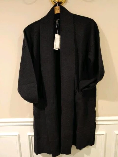 Pre-owned Eileen Fisher Ltweight Boiled Wool Long Cardigan Coat Nocturne Blue Sz M