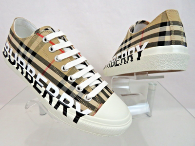 Pre-owned Burberry Larkhall Beige Check Canvas Logo White Cap Toe Unisex Sneakers 42