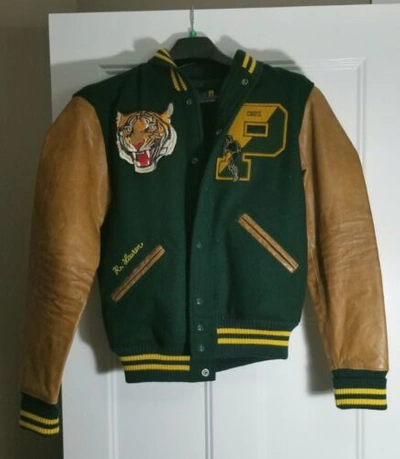 Pre-owned Ralph Lauren Polo  Varsity Letterman Leather Tigers Jacket Size Small In Green