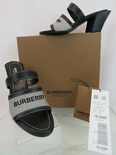 Pre-owned Burberry Honour Black Leather Logo Slide Sandals Mule Pumps 37 Italy $690