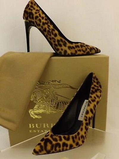 Pre-owned Burberry Barbara Camel Pony Hair Leopard Print Logo Classic Pumps 36 In Multicolor/camel