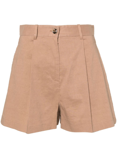 Pinko Tailored Linen-blend Shorts In Tawny-brown Beige