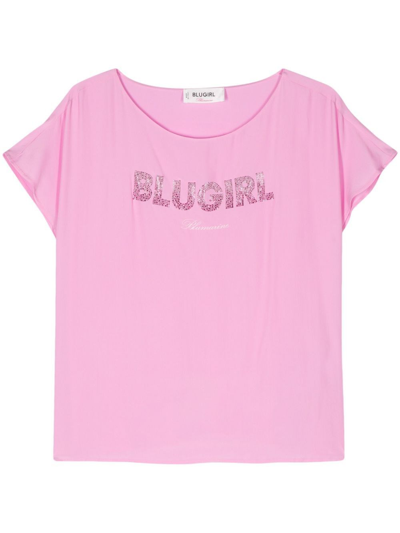 Blugirl 晶饰logo绉纱长款上衣 In Pink