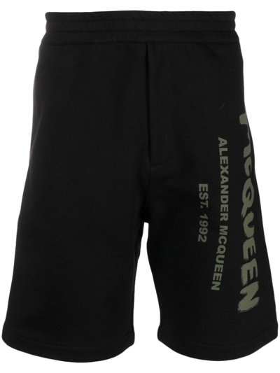 Alexander Mcqueen Graffiti Logo Cotton Sweat Shorts In Black  