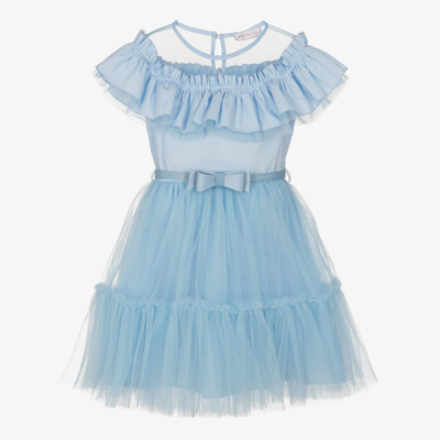 Monnalisa Chic Kids' Girls Blue Cotton & Tulle Ruffle Dress