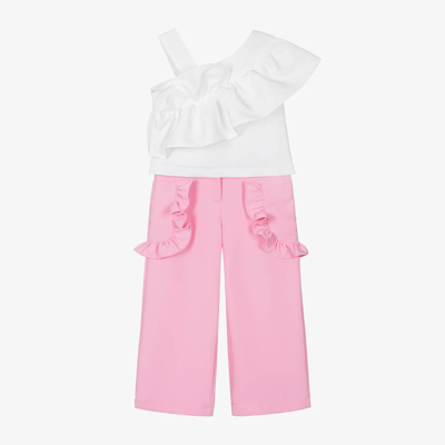 Mama Luma Babies' Girls White & Pink Ruffle Trouser Set