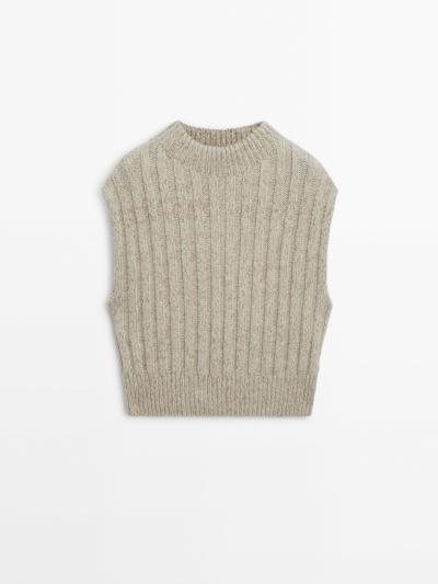 Massimo Dutti Mock Turtleneck Ribbed Knit Vest In Sand