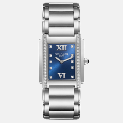 Pre-owned Patek Philippe Blue Diamond Stainless Steel Twenty-4 4910 Quartz Women's Wristwatch 25 X 30 Mm