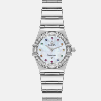 Pre-owned Omega Mother Of Pearl Diamond Stainless Steel Constellation 1465.79.00 Quartz Women's Wristwatch 22.5 Mm In Silver