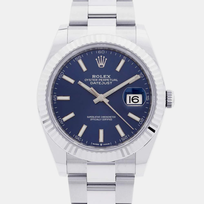 Pre-owned Rolex Blue 18k White Gold And Stainless Steel Datejust 126334 Automatic Men's Wristwatch 41 Mm