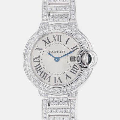 Pre-owned Cartier Silver Diamond 18k White Gold Ballon Bleu We9003za Quartz Women's Wristwatch 28 Mm