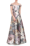 KAY UNGER GARLAND FLORAL PRINT OFF THE SHOULDER GOWN