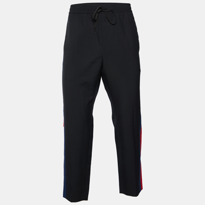 Pre-owned Gucci Black Wool & Mohair Web Striped Drawstring Pants Xl