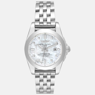 Pre-owned Breitling Mother Of Pearl Diamond Stainless Steel Galactic W72348 Quartz Women's Wristwatch 29 Mm In Silver