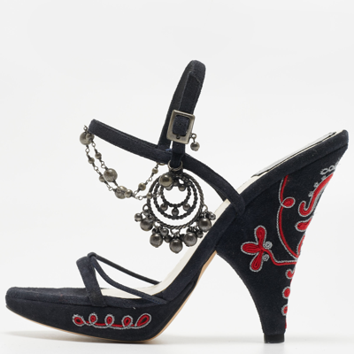 Pre-owned Dior Christian  Black Suede Embellished Ankle Strap Sandals Size 36.5 In Navy Blue