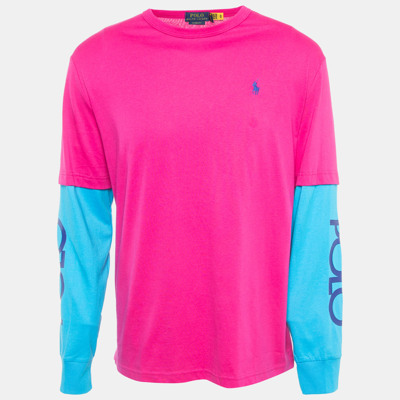 Pre-owned Polo Ralph Lauren Pink/blue Cotton Classic Fit Long Sleeve T-shirt M