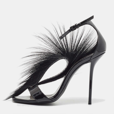 Pre-owned Saint Laurent Black Fur And Patent Runaway Mohawk Ankle Strap Sandals Size 38
