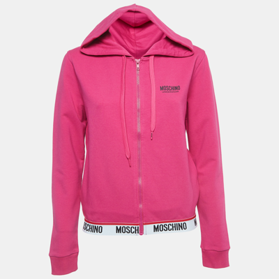 Pre-owned Moschino Pink Logo Print Cotton Zip Front Hooded Jacket S