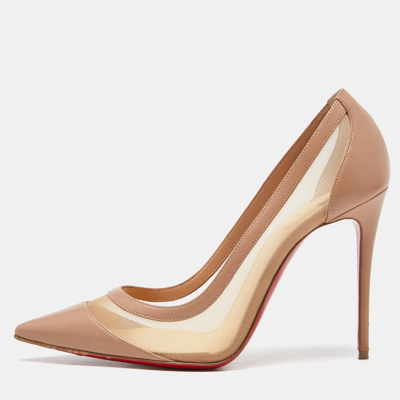 Pre-owned Christian Louboutin Beige Leather And Mesh Galativi Strass Pointed Toe Pumps Size 38.5