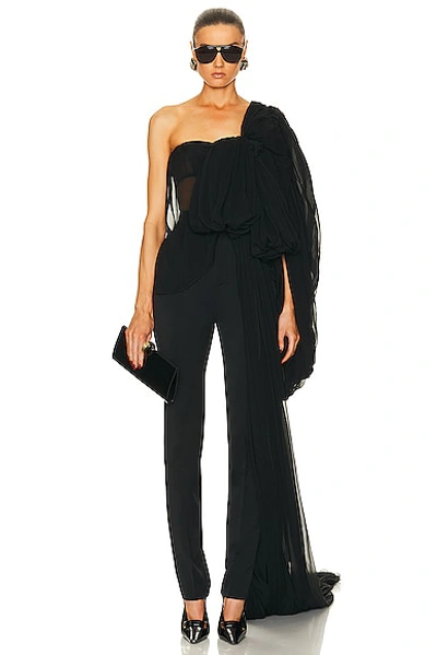 Saint Laurent Draped Bow-front One-shoulder Silk Top In Nero