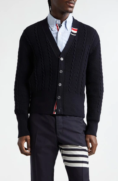 THOM BROWNE VIRGIN WOOL CABLE STITCH CARDIGAN