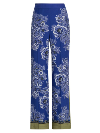 Etro Women's Bandana Wide-leg Silk Trousers In Print Floral Blue