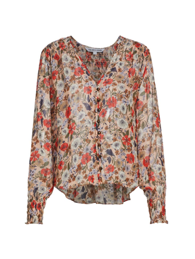 Veronica Beard Neha Floral Smocked Long-sleeve Top In Line Floral Coral