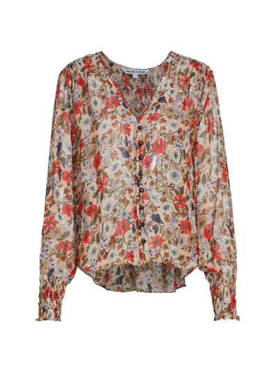 Veronica Beard Neha Floral Smocked Long-sleeve Top In Line Florl Coral