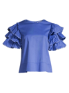 Harshman Juliette Tiered-sleeve Cotton Blouse In Indigo Blue