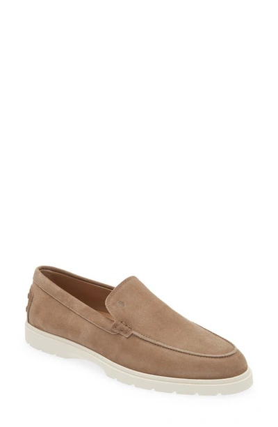 Tod's Logo Embossed Suede Loafers In Beige Leather