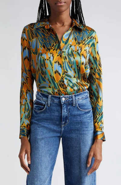 L Agence Tyler Parrot Feather Printed Silk Shirt In Blue Multi Parrot