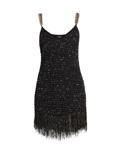 Balmain Tweed Fringe Mini Dress In Black