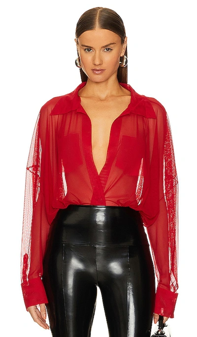 Norma Kamali Oversized Mesh Shirt Bodsuit In Tiger Red