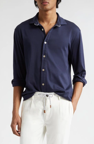 Eleventy Dandy Jersey Button-up Shirt In Navy