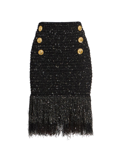 Balmain Fringed Tweed Short Skirt With 6 Buttons In Nero Oro