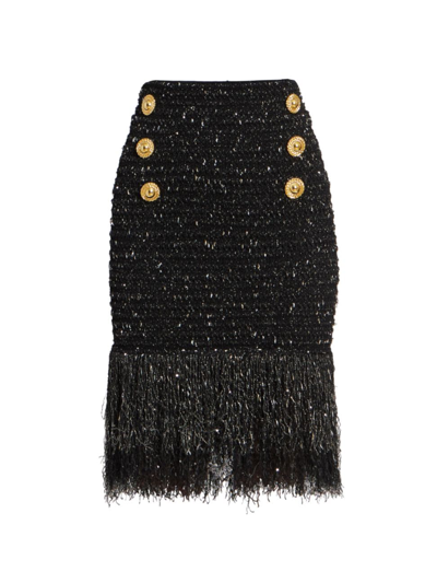 BALMAIN WOMEN'S TWEED FRINGE MIDI-SKIRT