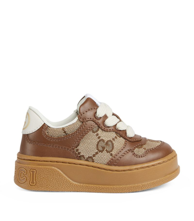 Gucci Kids Leather And Gg Canvas Platform Sneakers In Brown