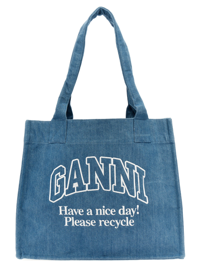 Ganni Denim Cotton Tote Bag In Blue