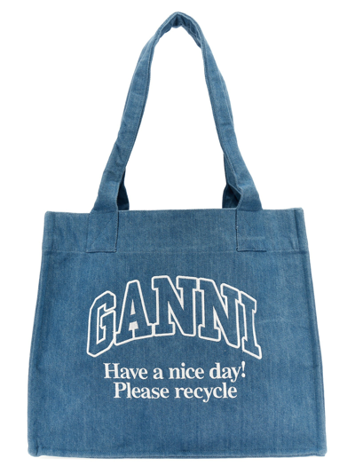 Ganni Logo Embroidery Denim Shopping Bag Tote Bag Light Blue