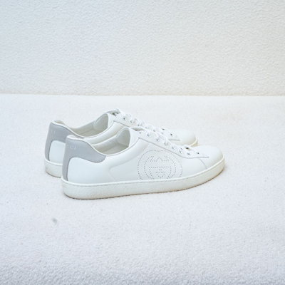 Pre-owned Gucci White Perforated Interlocking G Leather Ace Low Top Sneakers