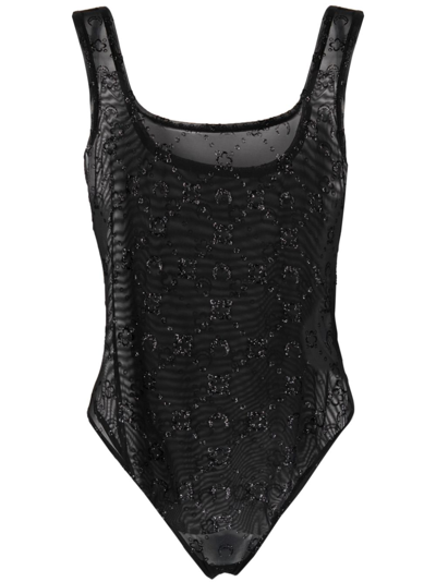Marine Serre Monogram-pattern Mesh Bodysuit In Black