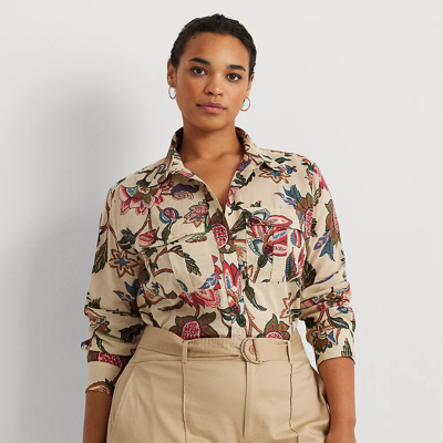 Lauren Woman Floral Cotton Voile Shirt In Cream Multi