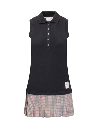 Thom Browne Pleated-skirt Polo Minidress In Navy