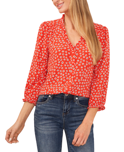 Cece Women's Printed Ruffled V-neck Button Front Blouse In Candy Apple